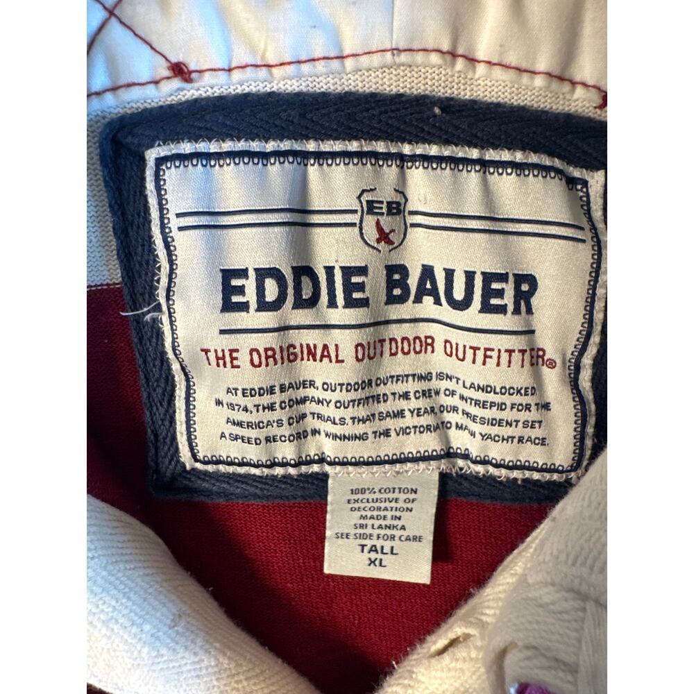 VTG 90s Eddie Bauer Maroon & White Striped Long Sleeve Rugby Shirt Men’s XLT - Picture 3 of 10